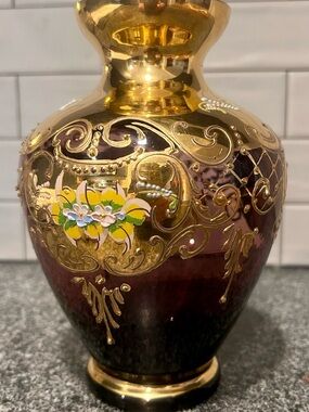 VTG Murano Italy Amethyst Purple & Gold Hand Painted Vase